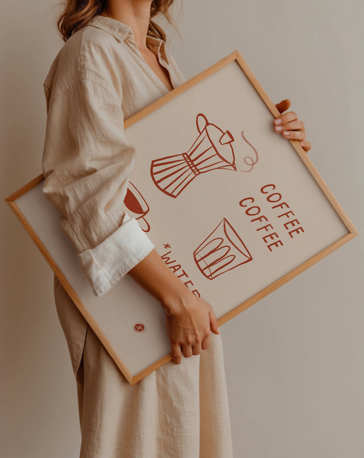 Illustrated moka pot, espresso cup, and water glass line art print in rust red on cream
