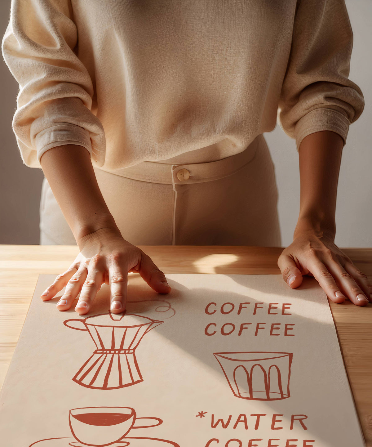 A person in a beige linen outfit rests their hands on a decorative paper line art print featuring an illustrated moka pot, espresso cup, and water glass drawn in rust red on cream with text spelling out "COFFEE, COFFEE, WATER*, COFFEE. *You know you need it", set on a wooden table.