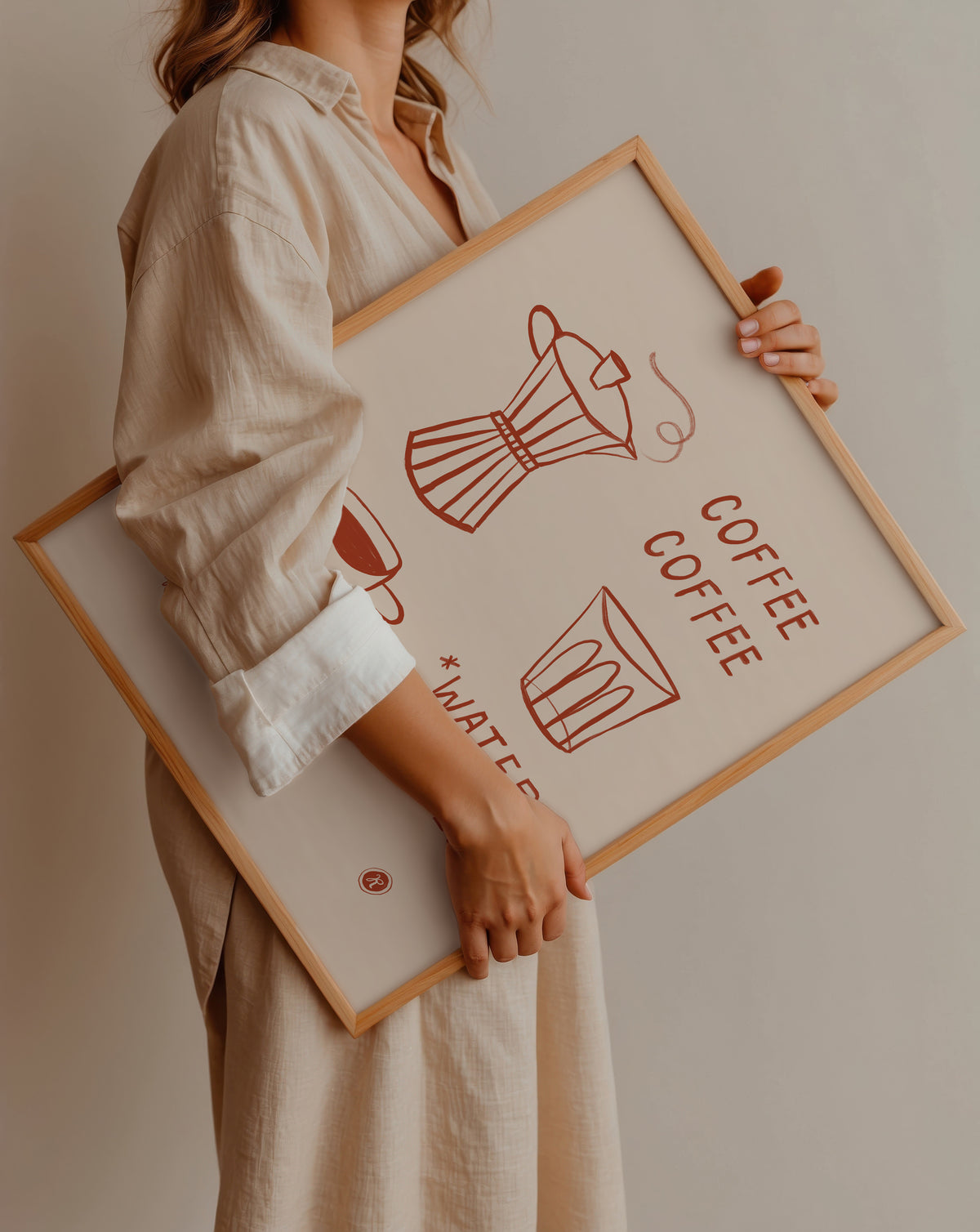 Illustrated moka pot, espresso cup, and water glass line art print in rust red on cream