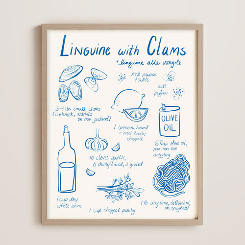 A framed Italian recipe art print titled 'Linguine with Clams' featuring blue hand-drawn illustrations and notes on a white background, enclosed in a light wood frame and mounted on a beige wall. Perfect home decor art print for kitchen or dining room.