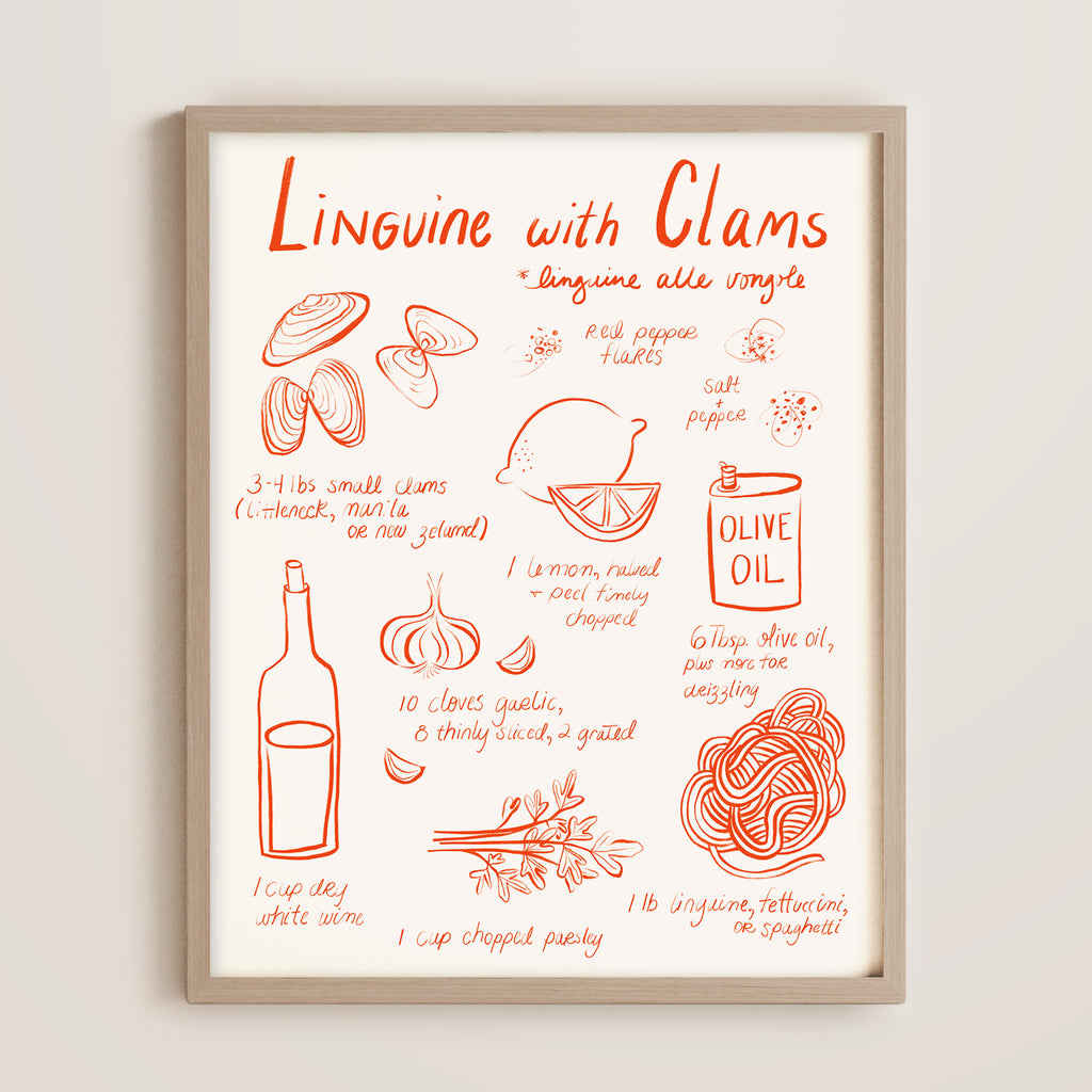 A framed kitchen art print featuring orange-red hand-drawn illustrations and recipe notes for an Italian meal of 'Linguine with Clams' on an off-white background, enclosed in a light wood frame and shown against a warm beige wall. Perfect for kitchen or dining room home decor.