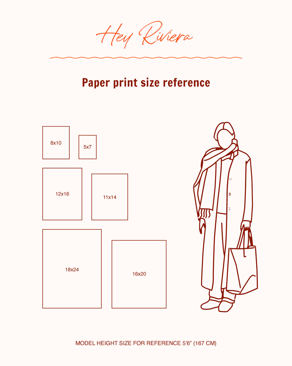 A size reference chart for the Hey Riviera paper print, showing various frame sizes in centimeters and inches alongside a minimalist red line drawing of a woman modeling a long coat and scarf. The background is a solid cream color.